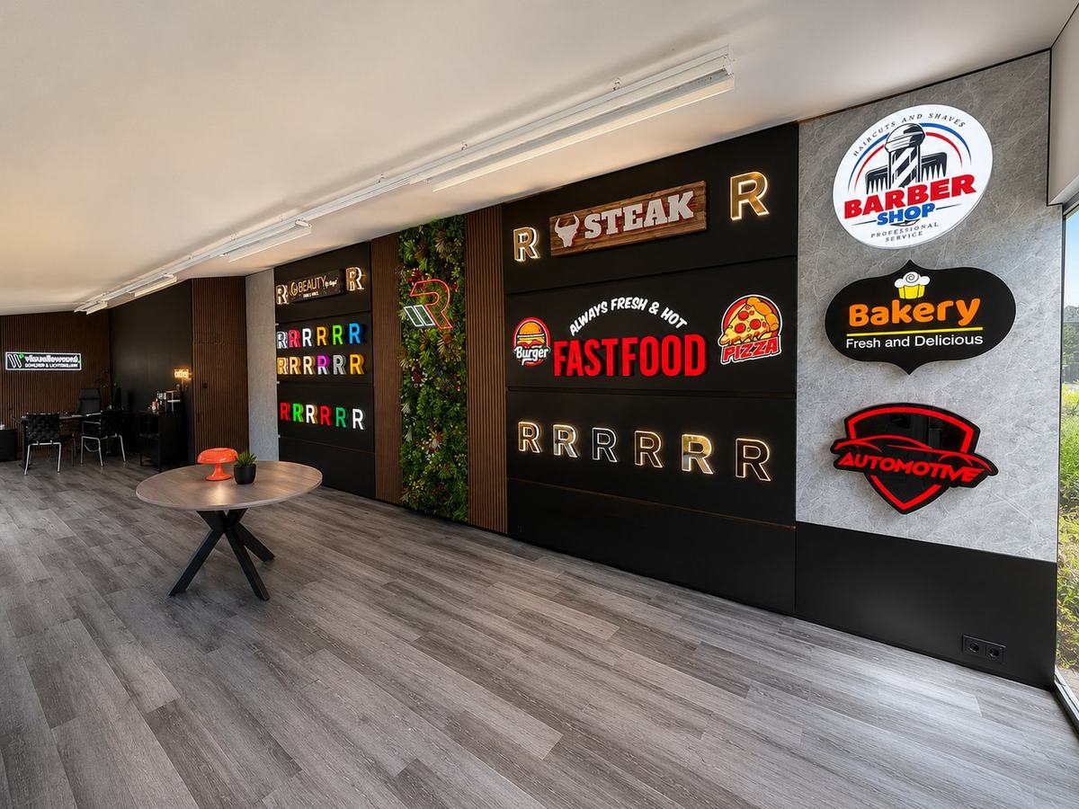 Musterwand in unserem Showroom in Münster mit beleuchteten Profilbuchstaben, Leuchtkästen und Logo-Nachbildungen verschiedener Branchen